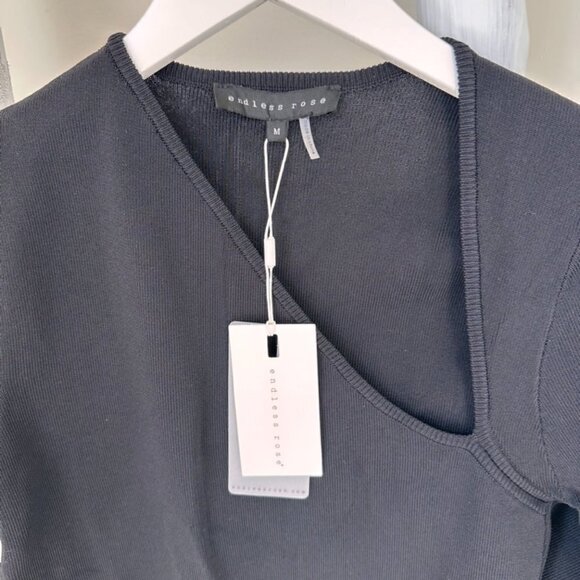 Endless Rose Jeanne Knit Asymmetrical Neck Long Sleeve Black Mini Dress Sz M - Picture 9 of 12